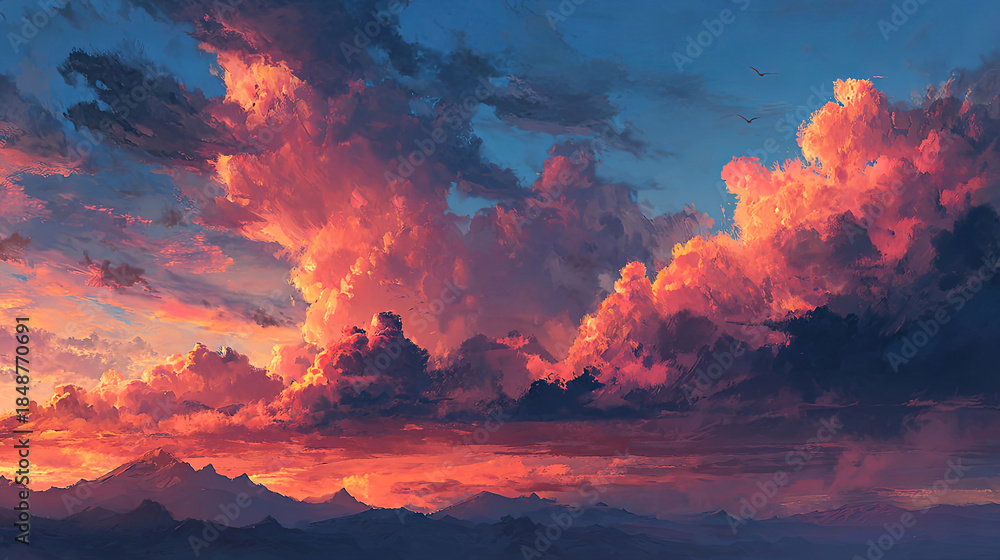 Fototapeta premium Majestic sunset over mountain range, vibrant clouds painted in hues of orange, pink, and purple, creating a breathtaking natural landscape with dramatic sky