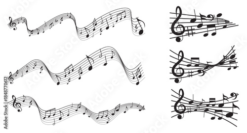 Music notes wave. Flowing musical staff lines with notes, clefs and melody rhythm patterns in dynamic circular, spiral and wavy shapes.