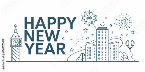 Happy New Year celebration in modern cityscape with fireworks