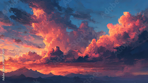 Majestic sunset over mountain range, vibrant clouds painted in hues of orange, pink, and purple, creating a breathtaking natural landscape with dramatic sky