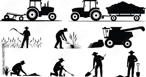 Agriculture farming silhouettes set with farmers tractors harvest machines rural work vector illustration isolated on white background collection