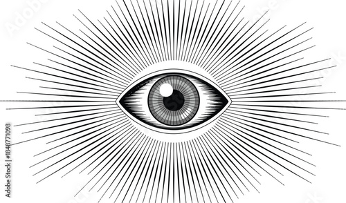 All seeing eye symbol with radiant lines vintage engraving style mystical vision vector illustration isolated on white background