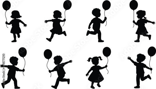 Children playing with balloons silhouettes set happy kids running jumping celebration vector illustration isolated on white background collection