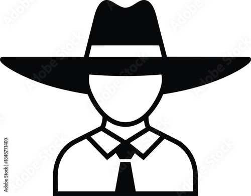Anonymous detective silhouette, mystery private investigator icon, faceless cowboy hat profile, minimal line art avatar symbol for security, privacy, crime investigation, noir character illustration
