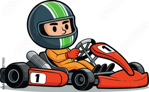 Cute cartoon go kart racing driver character wearing helmet motorsport illustration vector isolated on white background playful style