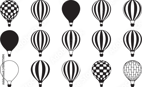 Fifteen black and white hot air balloon illustrations with distinct patterns