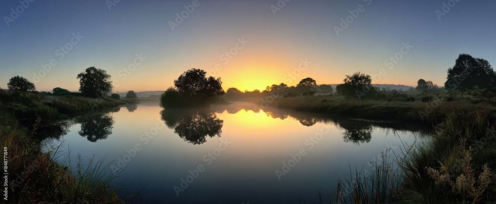 Fototapeta premium The calm water mirror of a peaceful pond at early morning dawn sunrise