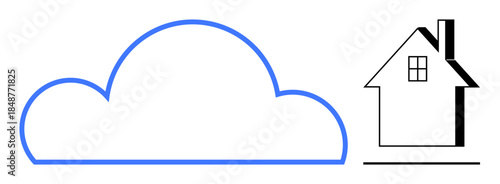 Cloud computing, smart home systems, digital storage, remote connectivity, technology integration, data management. Minimalist cloud outline next to a simple house icon. Cloud computing and smart