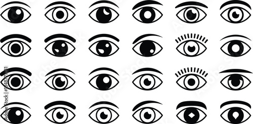 Eye icons collection showing different shapes expressions eyelashes black and white minimal vector illustration isolated on white background