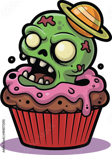 Funny zombie cupcake cartoon illustration with green monster head pink frosting spooky dessert character vector isolated on white background