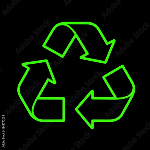 Neon green recycling symbol outline clean black background, isolated eco-friendly