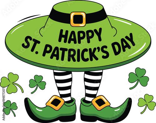 Happy St Patrick’s Day cartoon leprechaun hat legs illustration with shamrocks festive Irish holiday celebration vector design