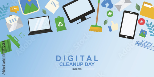 Digital cleanup day devices border. Flat digital cleanup day background with scattered laptops, smartphones, trash bins, folders, emails and cleaning tools framing centered. Vector illustration