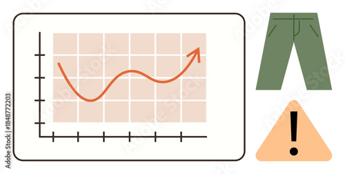 Line graph with upward trend on a grid chart, green trousers, and a triangular caution sign. Ideal for growth, business, analytics, fashion, caution market trends and multi-theme visuals. A simple