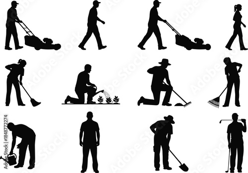 Gardener silhouettes set showing lawn mowing planting digging yard work outdoor maintenance professional landscaping activities isolated on white background vector