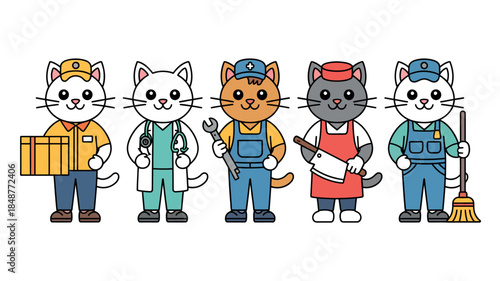 Cartoon cats in various occupations, professions, and uniforms, colorful illustration