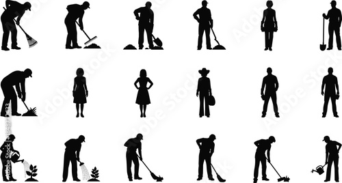 Gardening worker silhouettes set, people cleaning yard, farming labor poses, male female gardeners tools, black isolated icons collection, agriculture, landscaping, outdoor, work, concept, vector
