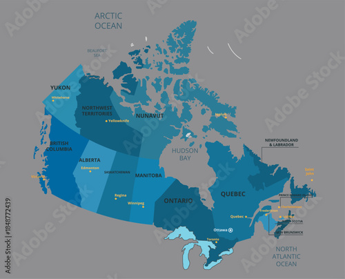 Vibrant Multi-Color Map of Canada with Detailed Provinces and Major City Markers
