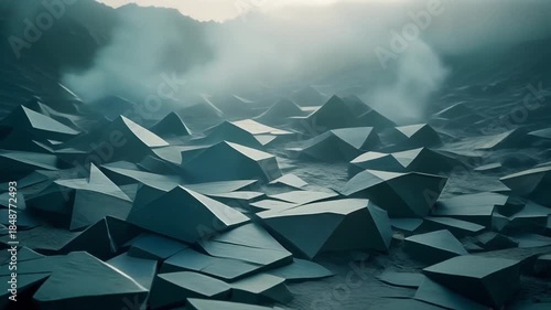 corner terrain of stacked trapezoidal slabs, abstract texture on the ground with fog footage