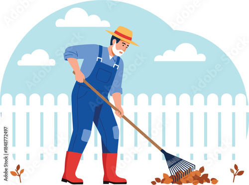 Illustrated gardener raking autumn leaves in backyard garden, sustainable lifestyle concept, outdoor yard cleanup, flat vector illustration, seasonal home maintenance scene design graphic art