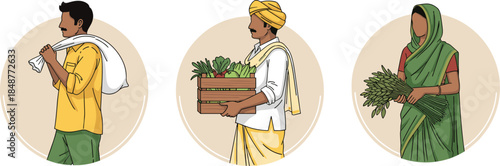 Indian farmers illustration, rural agriculture workers, traditional village life, harvesting crops, organic farming concept, cultural diversity, flat design artwork, agrarian economy, 