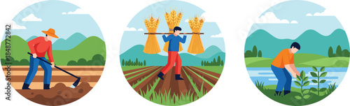 Modern agriculture illustration, showing farmers planting harvesting and irrigating crops, sustainable farming workflow, flat vector design,