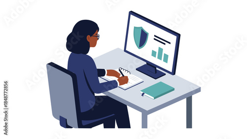 Professional Woman Analyzing Cybersecurity Data and Reports at Office Desk Illustration