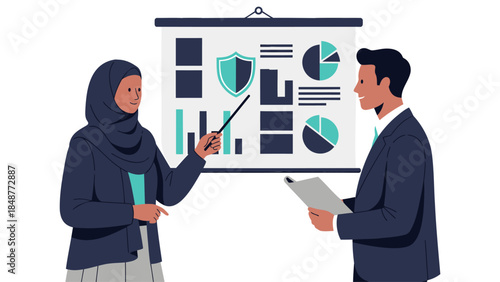 Diverse business team discussing data analysis and cybersecurity metrics.