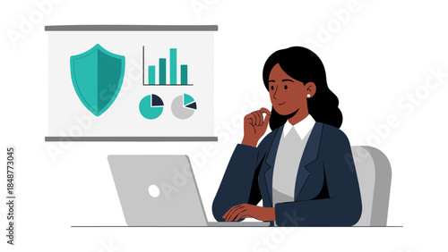 Thoughtful businesswoman analyzing data security report on laptop in office.