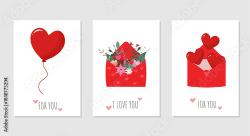 Valentine’s Day Greeting Card Set with Heart Balloon and Love Envelopes – Cute Romantic Flat Vector Illustration