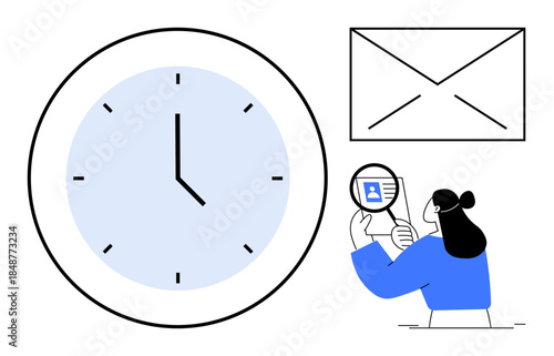Time management concept. Clock s organization and punctuality. Email communication, while a person reviews a profile to enhance productivity. For workplace, education, efficiency, teamwork, planning