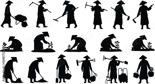 Silhouette farmers working agriculture planting harvesting watering digging rural labor gardening activities traditional Asian farming icons isolated white background