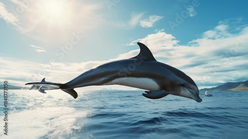 Three dolphins in mid-air over deep blue water, with a small boat and island in the background.