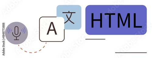 A microphone, language characters, and HTML text symbols suggest cross-language translation, voice recognition, and coding. Ideal for AI, technology, coding, global communication linguistics voice