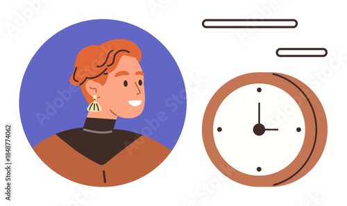 Person with earrings smiling beside a clock, blending confidence and efficiency. Ideal for time management, productivity, punctuality, discipline, success, self-care and work-life balance. Simple