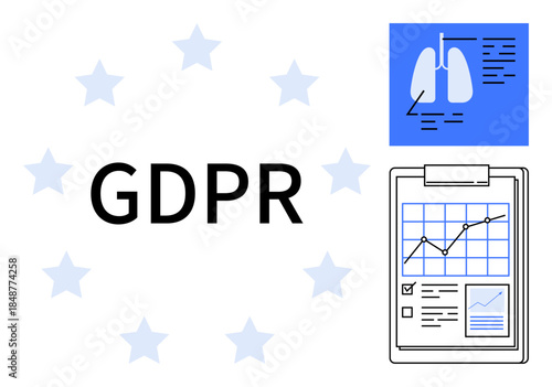 Data privacy, healthcare, compliance, analytics, monitoring, European regulations. Central GDPR text with medical lung illustration and data chart. Data privacy and healthcare concept