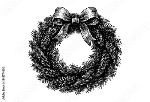 A black and white etching of a festive Christmas wreath adorned with a decorative bow, perfect for holiday designs and traditional winter themes.