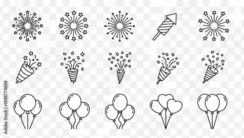 A collection of festive icons featuring fireworks, party poppers, and balloons on a transparent background for celebrations and parties