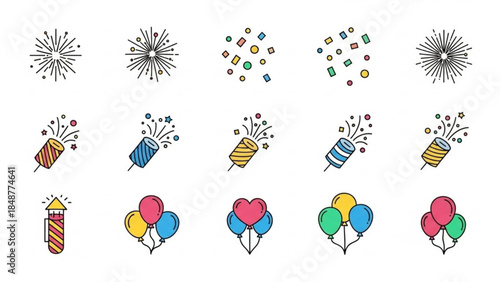 Vibrant colorful fireworks and balloons celebration icons set with confetti and stars on white background for party decoration