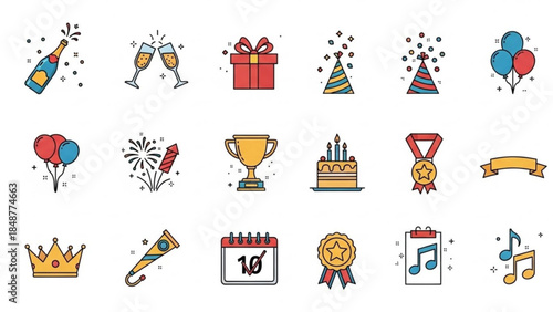 Colorful celebration icons including party hats, gifts, cake, fireworks, and awards on white background, festive symbols for birthdays and special occasions
