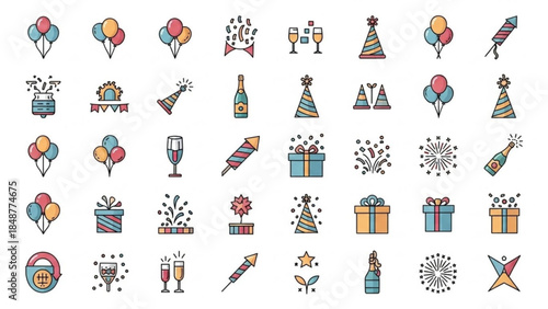 Colorful birthday celebration icons including balloons, party hats, gifts, champagne, fireworks, and confetti on white background
