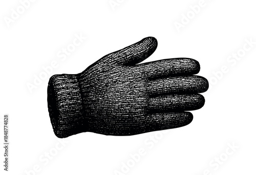 A textured black glove rests on a stark white background, its detailed surface providing a sense of depth and tactile quality, suitable for design or protection concepts.