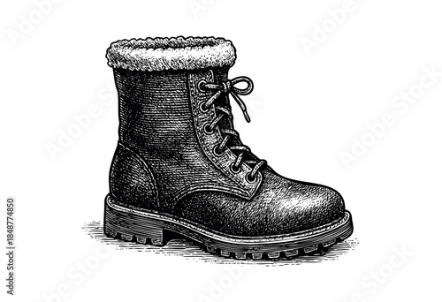 This detailed black and white illustration depicts a single, fur-lined boot with laces tied in a bow. The artwork uses a crosshatch style, perfect for editorial or vintage themed designs.