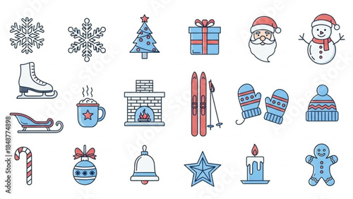 Collection of winter holiday icons including snowflakes, christmas tree, presents, santa, snowman, ice skate, sled, hot chocolate, fireplace, skis, mittens, hat, candy