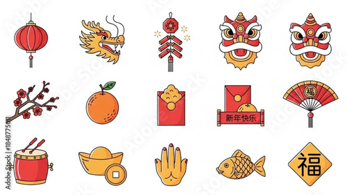 Chinese new year symbols and icons including lanterns dragon heads oranges fans and other festive elements for lunar new year celebrations