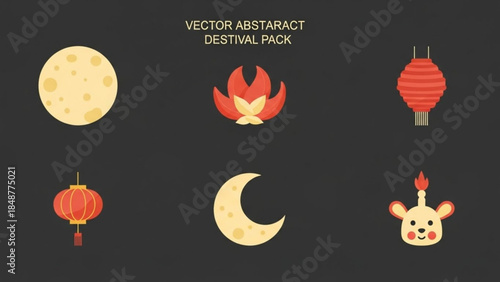 Vector abstract festival pack with moon, fire, lanterns and smiling rabbit head on dark background for celebration and party decoration