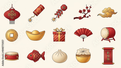 Chinese new year celebration symbols and icons including lanterns, firecrackers, red envelopes, gold coins, dumplings, and drums on cream background for festive designs