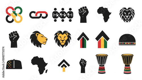 Collection of african cultural symbols and icons including fists, lions, and traditional patterns on white background