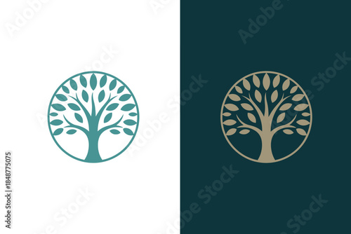 Tree Logo Design with Circle Frame in Green and Gold Colors for Business Branding