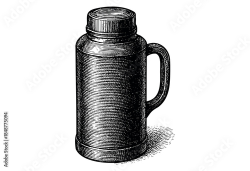 A black and white sketch of a vintage thermos bottle with a handle, rendered in an engraving style with cross-hatching and a subtle shadow, perfect for retro or historical designs.
